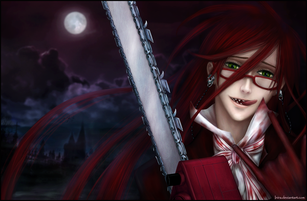 Anime picture 1519x1000 with kuroshitsuji a-1 pictures grell sutcliff inira single long hair green eyes cloud (clouds) red hair realistic teeth night sky sharp teeth boy earrings glasses tongue blood full moon suit