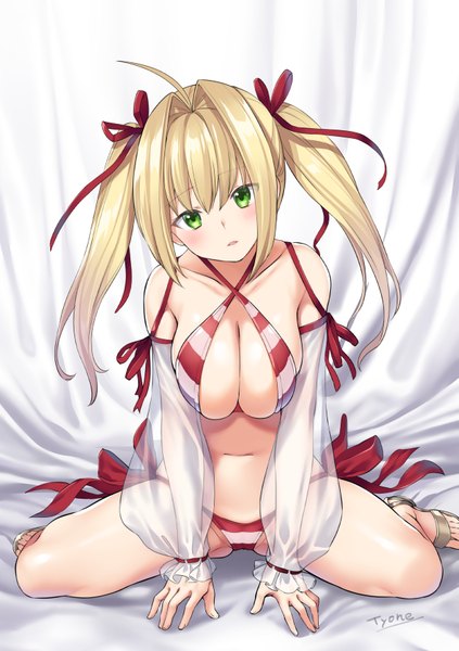 Anime picture 612x868 with fate (series) fate/grand order nero claudius (fate) (all) nero claudius (swimsuit caster) (fate) tyone single long hair tall image looking at viewer blush breasts light erotic blonde hair large breasts sitting twintails bare shoulders green eyes signed payot