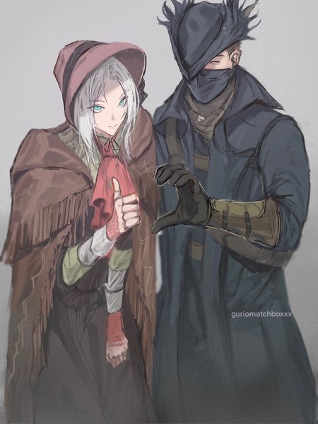 Anime-Bild 1000x1334 mit bloodborne from software hunter (bloodborne) plain doll guri otoko tall image looking at viewer short hair black hair simple background smile standing signed silver hair eyes closed aqua eyes grey background ^ ^ heart hands hat over eyes