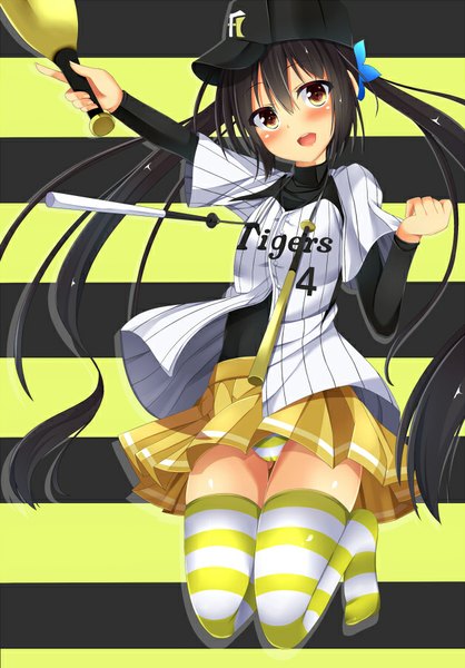 Anime picture 627x900 with original nippon professional baseball hanshin tigers yahiro (anhnw) single long hair tall image blush open mouth light erotic black hair smile twintails brown eyes :d pleated skirt pantyshot striped striped background girl