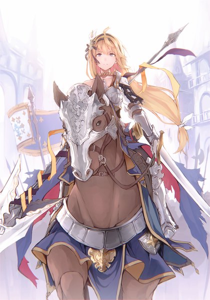 Anime picture 1101x1574 with granblue fantasy jeanne d'arc (granblue fantasy) nanahara fuyuki single long hair tall image looking at viewer fringe breasts blue eyes blonde hair hair between eyes holding ahoge outdoors hair flower wind low ponytail dual wielding riding