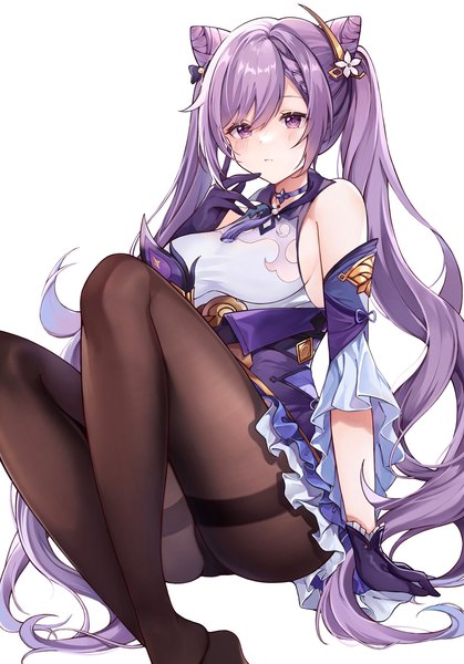 Anime picture 1668x2388 with genshin impact keqing (genshin impact) muki (muki kunxd) single long hair tall image looking at viewer blush fringe breasts light erotic simple background hair between eyes large breasts white background sitting purple eyes twintails bare shoulders payot