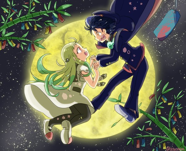 Anime picture 1100x900 with jibaku shounen hanako-kun hanako (jibaku shounen hanako-kun) yashiro nene bitter udon long hair short hair open mouth black hair smile signed yellow eyes full body bent knee (knees) :d profile green hair night couple twitter username facial mark