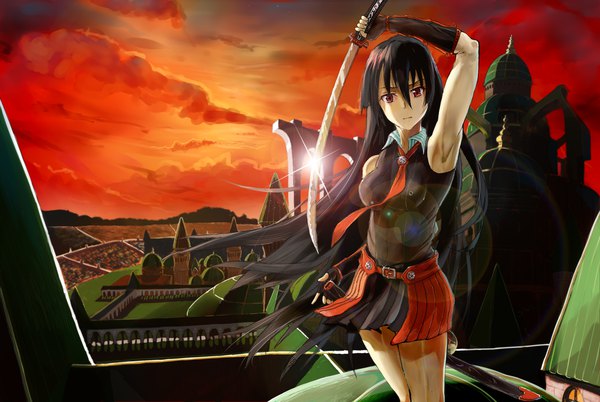 Anime picture 3508x2352 with akame ga kill! white fox akame (akame ga kill!) komasa qi single long hair looking at viewer fringe highres breasts black hair hair between eyes red eyes standing holding payot absurdres sky cloud (clouds) outdoors