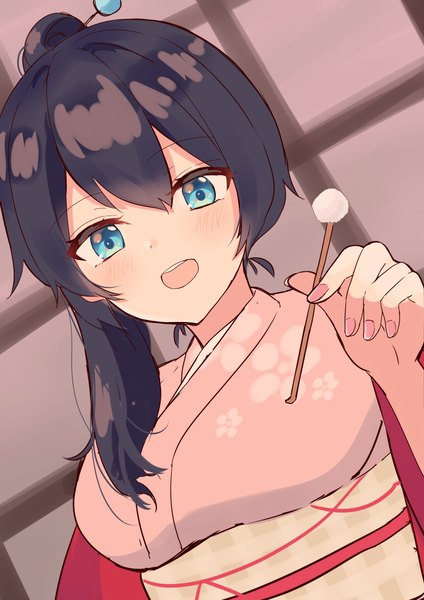 Anime picture 2893x4092 with virtual youtuber nijisanji onomachi haruka tsumayouji (tumayog) single long hair tall image fringe highres open mouth blue eyes black hair hair between eyes upper body ponytail nail polish traditional clothes :d japanese clothes from below