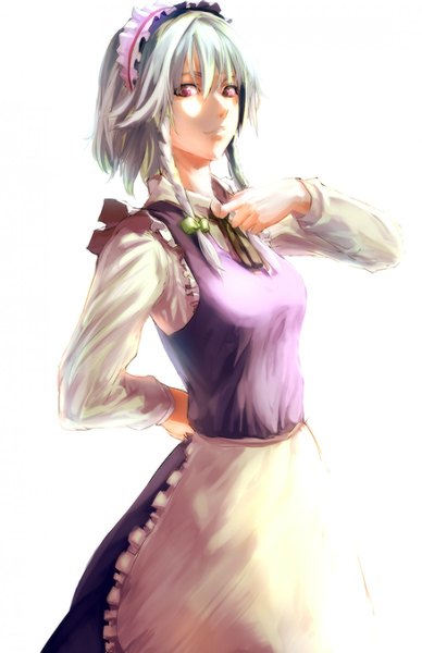 Anime picture 1000x1545 with touhou izayoi sakuya chirigami-san single tall image looking at viewer short hair breasts simple background blonde hair red eyes white background purple eyes braid (braids) light smile grey hair maid twin braids girl uniform