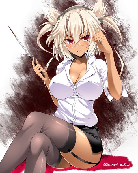 Anime picture 637x800 with kantai collection musashi super battleship inuzumi masaki single tall image blush fringe short hair breasts light erotic blonde hair red eyes large breasts sitting bent knee (knees) two side up crossed legs adjusting glasses girl thighhighs