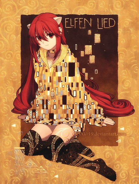 Anime picture 720x950 with elfen lied arms corporation lucy dav-19 single tall image fringe hair between eyes red eyes sitting signed bent knee (knees) red hair long sleeves very long hair head tilt horn (horns) arm support alternate costume copyright name
