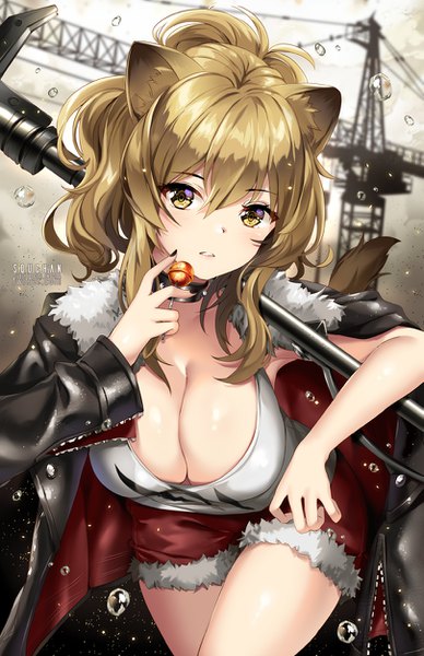 Anime picture 809x1250 with arknights siege (arknights) squchan single long hair tall image looking at viewer blush fringe breasts light erotic blonde hair hair between eyes large breasts holding signed animal ears yellow eyes payot cleavage