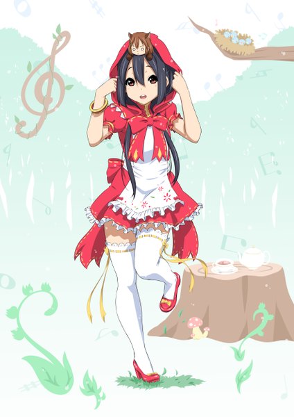 Anime picture 1768x2500 with k-on! little red riding hood project diva 2nd kyoto animation hirasawa yui nakano azusa oku no shi long hair tall image looking at viewer highres open mouth black hair cosplay mikuzukin (module) girl thighhighs dress white thighhighs bracelet