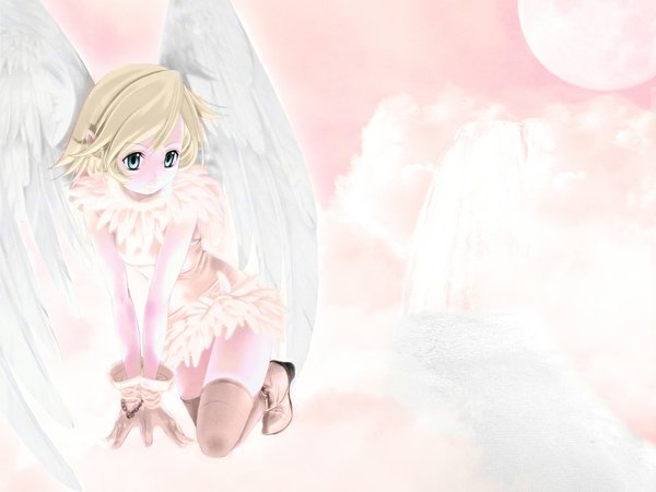 Anime picture 1024x768 with sumomo kpa kitsunemika single short hair blonde hair looking away full body aqua eyes wallpaper pink background on all fours angel wings white wings girl thighhighs gloves wings boots