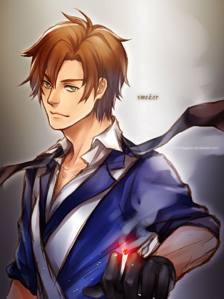 Anime picture 1200x1600 with axis powers hetalia studio deen scotland (hetalia) sakimichan single tall image looking at viewer short hair simple background brown hair green eyes signed inscription grey background smoke open collar boy cigarette