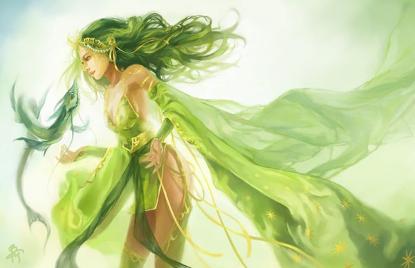 Anime picture 1000x647 with final fantasy final fantasy iv square enix rydia cypri single long hair green eyes looking away long sleeves profile green hair wind leaning leaning forward girl thighhighs dress hair ornament detached sleeves