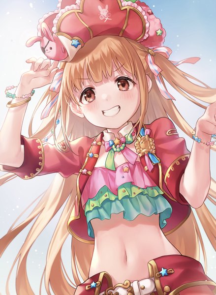 Anime picture 1098x1500 with idolmaster idolmaster cinderella girls futaba anzu shiao single long hair tall image looking at viewer blush blonde hair smile brown eyes upper body from below midriff two side up grin girl navel ribbon (ribbons)