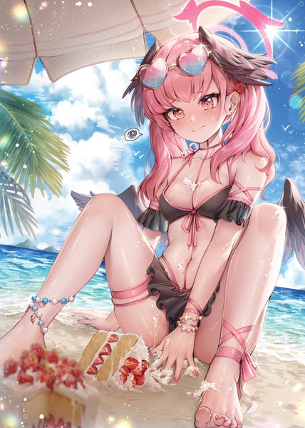 Anime picture 2976x4175 with blue archive koharu (blue archive) menna (0012) single long hair tall image blush fringe highres light erotic sitting pink hair sky cloud (clouds) bent knee (knees) outdoors blunt bangs pink eyes hair flower sparkle