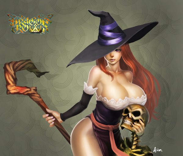 Anime picture 1600x1368 with dragon's crown vanillaware sorceress (dragon's crown) aion (artist) single long hair breasts light erotic large breasts purple eyes bare shoulders signed cleavage red hair inscription witch skeleton girl hat detached sleeves