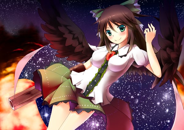 Anime picture 1754x1241 with touhou reiuji utsuho ikuodx (artist) long hair blush highres black hair smile green eyes starry sky print arm cannon girl skirt bow weapon hair bow miniskirt wings green skirt