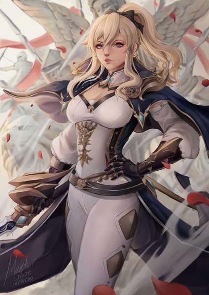 Anime picture 2480x3508 with genshin impact jean gunnhildr meisterstaze single long hair tall image looking at viewer fringe highres breasts blue eyes blonde hair hair between eyes standing holding signed payot ponytail hand on hip dated