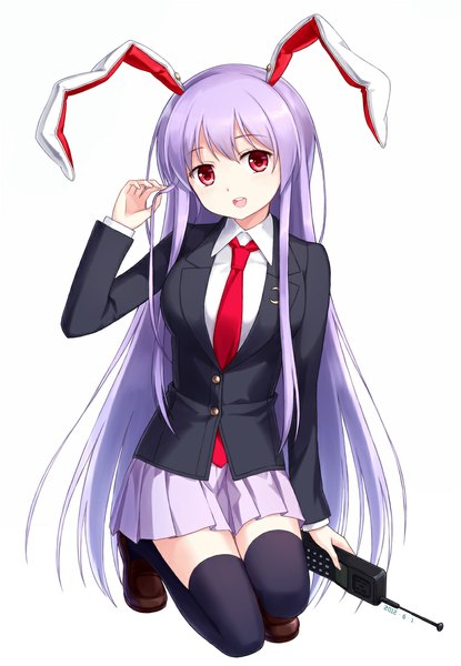 Anime picture 810x1170 with touhou reisen udongein inaba tucana single long hair tall image looking at viewer blush open mouth simple background red eyes white background animal ears purple hair bunny ears squat girl thighhighs black thighhighs necktie