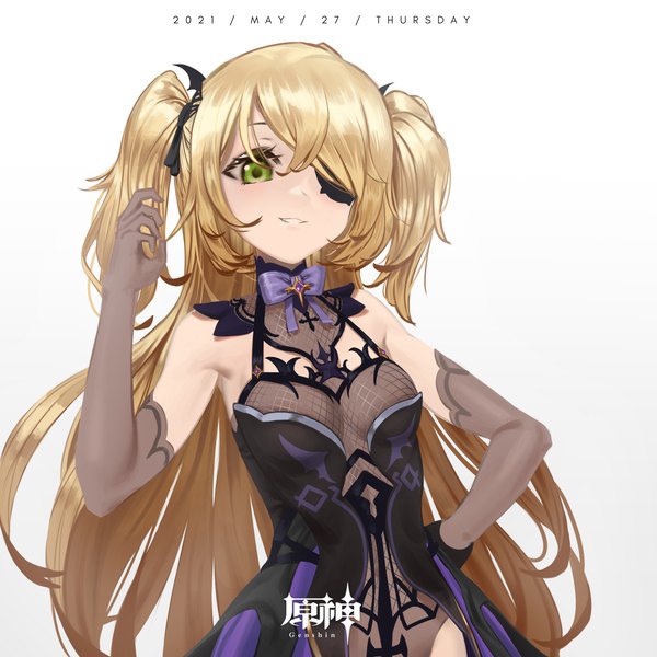 Anime-Bild 2500x2500 mit genshin impact fischl (genshin impact) duckking single long hair looking at viewer fringe highres light erotic simple background blonde hair smile white background green eyes upper body parted lips hair over one eye two side up copyright name dated