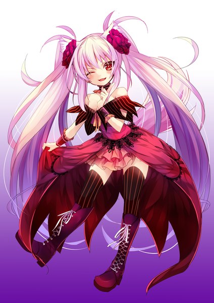 Anime picture 780x1103 with original nekoto single tall image looking at viewer blush open mouth smile red eyes twintails bare shoulders white hair very long hair one eye closed hair flower wink girl thighhighs dress hair ornament