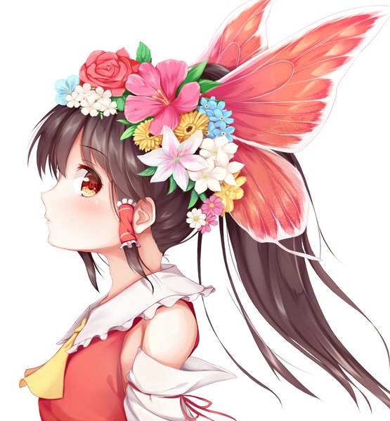 Anime picture 1289x1394 with touhou hakurei reimu igayan single long hair tall image looking at viewer black hair simple background white background brown eyes upper body ponytail profile hair flower girl hair ornament flower (flowers) detached sleeves rose (roses)