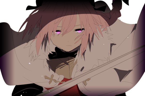 Anime picture 1290x855 with fate (series) fate/apocrypha astolfo (fate) hiiragi fuyuki single long hair fringe hair between eyes white background pink hair upper body braid (braids) pink eyes wind shadow single braid expressionless otoko no ko boy weapon