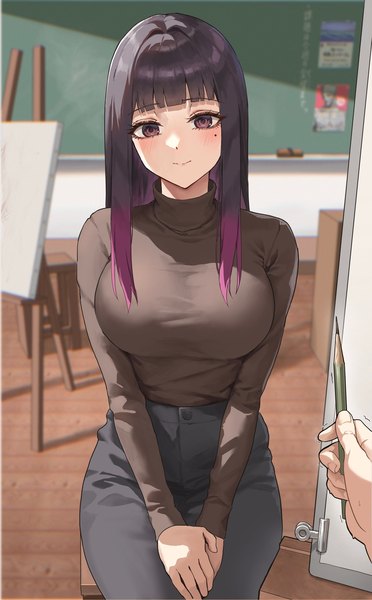 Anime picture 1183x1906 with original shiyorumone long hair tall image looking at viewer blush fringe breasts black hair smile large breasts sitting brown eyes indoors blunt bangs long sleeves multicolored hair blurry mole streaked hair