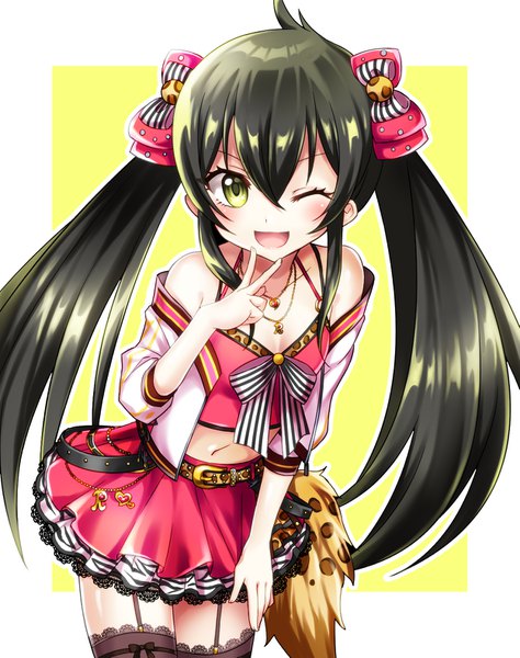 Anime picture 1247x1577 with idolmaster idolmaster cinderella girls matoba risa tsukasa kinako single long hair tall image looking at viewer blush fringe open mouth hair between eyes twintails green eyes payot one eye closed wink midriff victory ;d