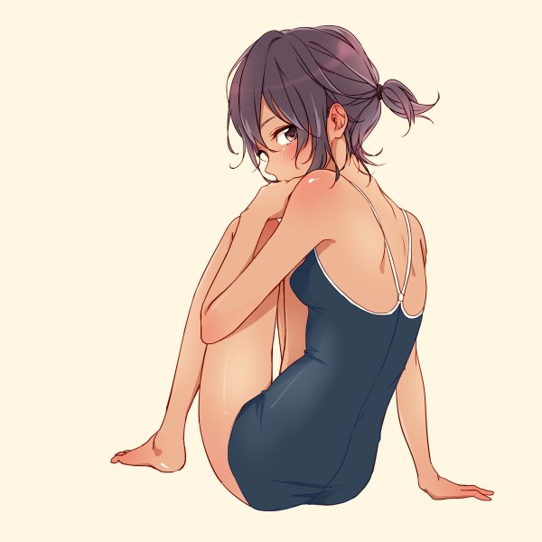 Anime picture 1200x1200 with original teti single looking at viewer blush light erotic simple background sitting bare shoulders brown eyes purple hair ponytail looking back barefoot arm support turning head tan tan lines girl swimsuit