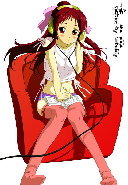 Anime picture 2223x3200 with rec shaft (studio) onda aka single long hair tall image blush highres light erotic red eyes sitting ponytail red hair sleeveless transparent background vector writing girl thighhighs underwear
