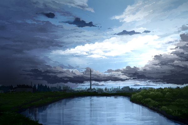 Anime picture 1200x800 with original juuyonkou sky cloud (clouds) city landscape river plant (plants) water grass