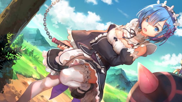 Anime picture 1920x1080 with re:zero kara hajimeru isekai seikatsu white fox rem (re:zero) kamisakai single looking at viewer highres short hair breasts open mouth blue eyes light erotic wide image standing holding blue hair sky cleavage cloud (clouds) outdoors