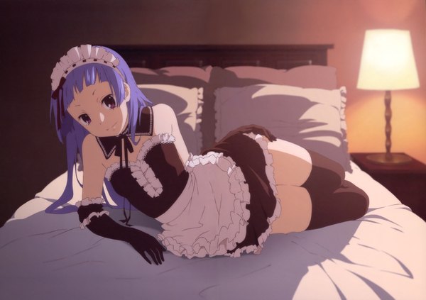 Anime picture 6612x4672 with kannagi nagi (kannagi) highres maid thighhighs bed