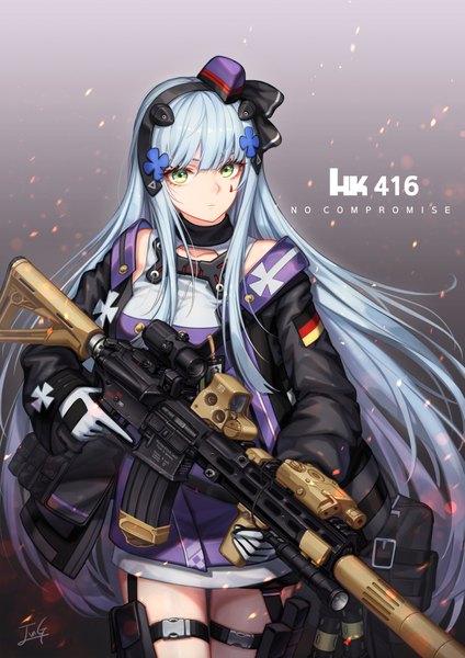 Anime picture 1413x2000 with girls frontline hk416 (girls frontline) baek hyang single long hair tall image looking at viewer fringe breasts simple background standing holding green eyes signed silver hair blunt bangs long sleeves open jacket tattoo character names