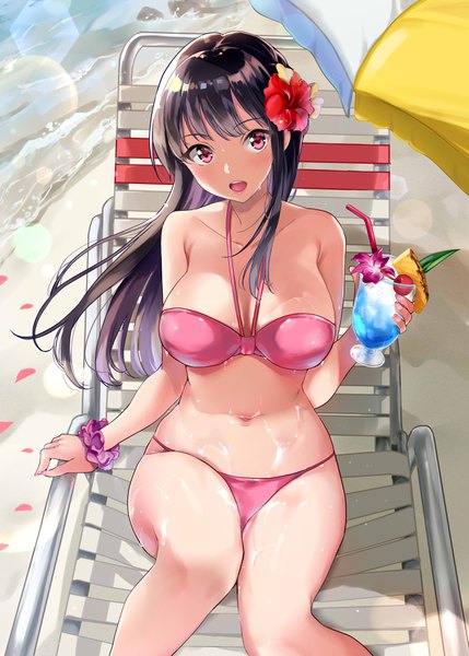 Anime picture 2590x3624 with comic toranoana maumen single long hair tall image looking at viewer blush fringe highres breasts open mouth light erotic black hair large breasts bare shoulders holding bent knee (knees) outdoors head tilt :d