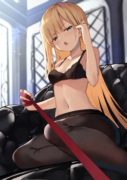 Anime picture 2508x3541 with fate (series) lord el-melloi ii case files reines el-melloi archisorte yuuuuu single long hair tall image looking at viewer blush fringe highres breasts light erotic blonde hair smile sitting green eyes bent knee (knees) indoors blunt bangs