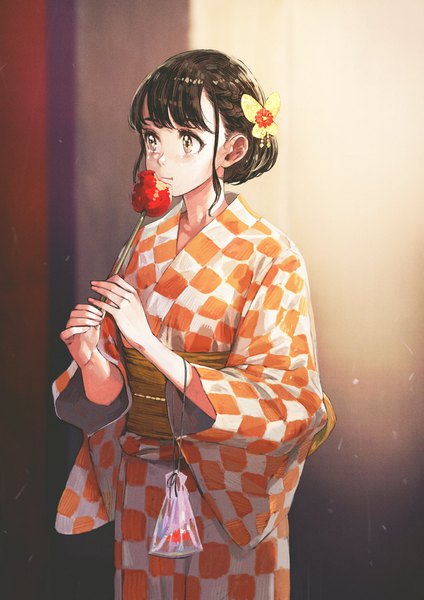 Anime picture 1448x2048 with original jun (seojh1029) single tall image blush fringe brown hair standing holding payot looking away outdoors blunt bangs nail polish traditional clothes japanese clothes hair flower wide sleeves hair bun (hair buns) tears
