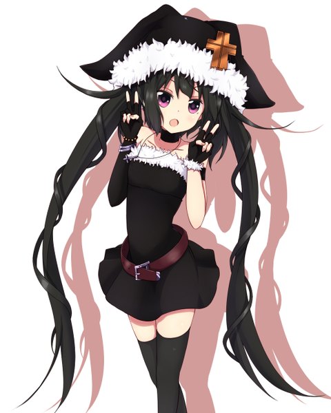 Anime picture 1024x1280 with original note-chan amano kouki single long hair tall image open mouth black hair hair between eyes twintails pink eyes girl thighhighs dress black thighhighs fingerless gloves cap