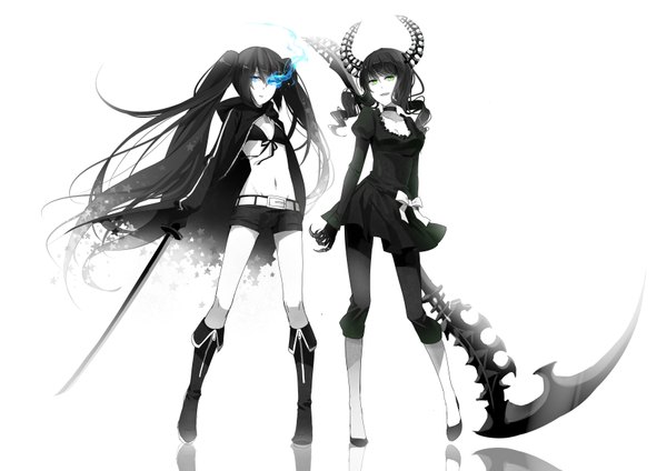 Anime picture 3507x2480 with black rock shooter black rock shooter (character) dead master rella long hair highres blue eyes black hair simple background white background twintails multiple girls green eyes absurdres horn (horns) glowing glowing eye (eyes) girl dress weapon