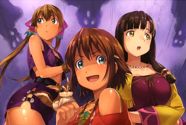 Anime picture 2332x1578 with suisei no gargantia production i.g amy (suisei no gargantia) saaya (suisei no gargantia) melty (suisei no gargantia) long hair looking at viewer highres short hair open mouth blue eyes black hair brown hair multiple girls brown eyes green eyes scan girl bow hair bow