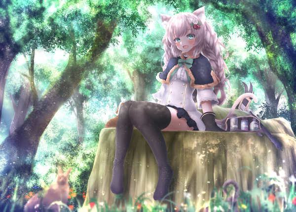 Anime picture 4200x3000 with original absent single long hair looking at viewer blush fringe highres open mouth blonde hair smile sitting green eyes animal ears absurdres full body bent knee (knees) tail braid (braids) :d