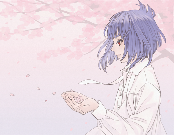 Anime picture 1090x848 with danball senki danball senki wars seredy kreisler fioletovyy single fringe short hair red eyes looking away purple hair upper body blunt bangs profile light smile wind cherry blossoms outstretched hand girl plant (plants) shirt