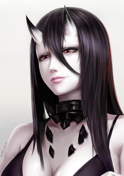 Anime picture 848x1200 with kantai collection battleship-symbiotic hime zeroshiki kouichi single long hair tall image black hair simple background hair between eyes red eyes bare shoulders signed horn (horns) lips realistic shinkaisei-kan girl