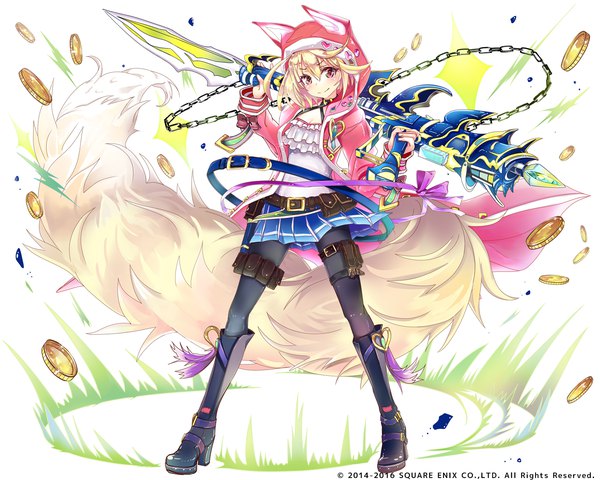 Anime picture 1500x1200 with million arthur (series) kai-ri-sei million arthur square enix touzoku arthur keepout single looking at viewer short hair breasts blonde hair smile standing holding full body tail long sleeves head tilt animal tail pleated skirt pink eyes