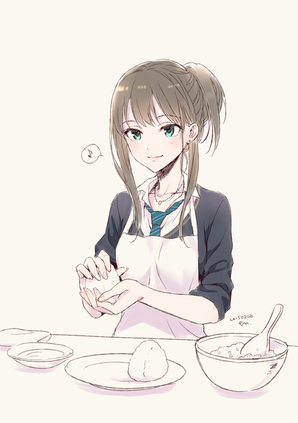 Anime picture 868x1228 with idolmaster idolmaster cinderella girls shibuya rin morikura en single long hair tall image blush smile brown hair holding green eyes fingernails lips alternate hairstyle open collar twisty sleeves hair up cooking girl