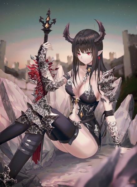 Anime picture 4162x5676 with original blka single long hair tall image looking at viewer fringe highres breasts light erotic black hair hair between eyes red eyes large breasts sitting holding payot absurdres sky cleavage
