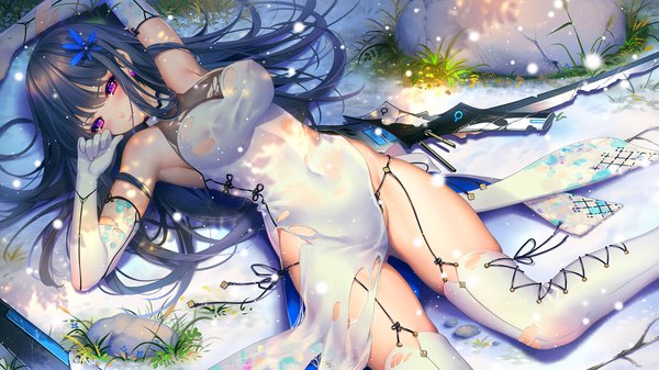 Anime picture 2000x1125 with witch's weapon tidsean single long hair looking at viewer blush fringe highres breasts light erotic black hair hair between eyes wide image purple eyes bare shoulders bent knee (knees) lying mole on back torn clothes