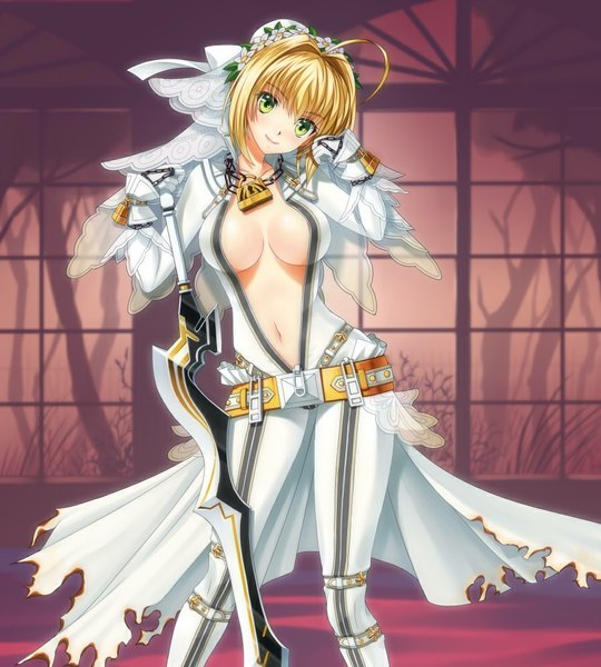Anime picture 900x1000 with fate (series) fate/extra fate/extra ccc type-moon nero claudius (fate) nero claudius (bride) (fate) hammerman benkei single tall image short hair breasts light erotic blonde hair green eyes light smile girl weapon sword belt wedding veil