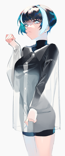 Anime picture 911x2192 with original zumi (neronero126) single tall image short hair blue eyes black hair simple background standing white background long sleeves multicolored hair two-tone hair streaked hair sleeves past wrists girl transparent clothing turtleneck